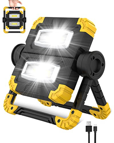 Gemokrt Projecteur Led Rechargeable, 3 Modes D'éclairage 2 COB Projecteur Led Portable Étanche, Rotation à 360° 1400LM lampe de chantier pour Chantier de Construction, Garage, Camping, Urgence