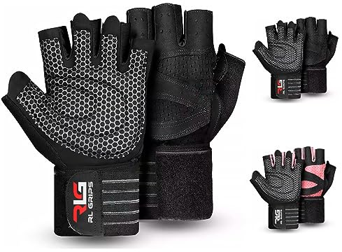 RL Grips - Fitnesshandschuhe für Gewichtheben, Crossfit, Krafttraining mit Handgelenkbandage und rutschfestem Silikon-Grip – Trainingshandschuhe für Damen und Herren in Schwarz und Rosa