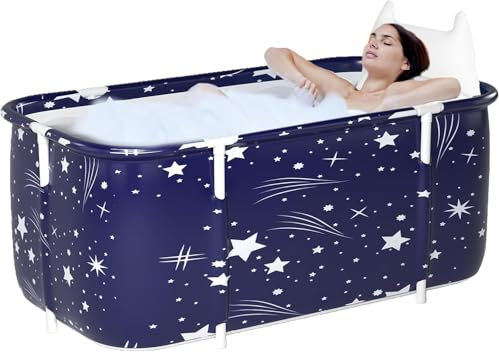 Bañera Plegable para Adultos y Niños Bañera Familiar Portatil con Soporte de Aleación Engrosado y 2 Tubos de Drenaje, 132x68x47CM (Azul)