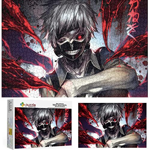 Puzzle 1000 Teile Anime Tokyo Ghoul Puzzle Erwachsene Kinder Puzzle sgrad Puzzle Ken Kaneki Rote Augen Weiße Haare Maske Zähne Zwinkern Lächeln Blut Kagune Puzzle Lernspiel,Papppuzzle(50x70cm)