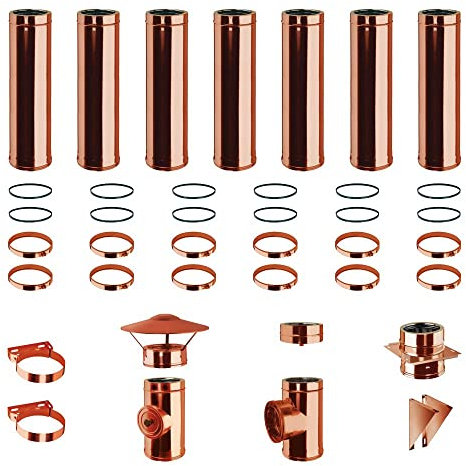 Kit Fumi Diametro 180 con Doppia Parete Interno Acciaio Inox DW25 Esterno Rame Naturale, Altezza 7,96m, Kit Stufa a Pellet, Canna Fumaria Coibentata con Lana Minerale Alta Densità, 25 mm | Brico Kit