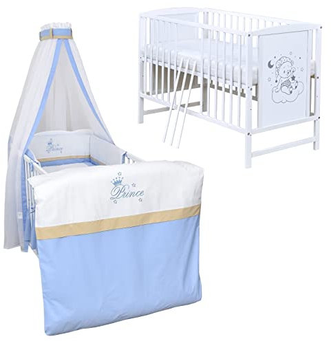 Generisch Baby Delux Babybett Komplett Set Kinderbett Mia weiß 120x60 Traumbär Bettset mit Stickerei Matratze (Prince)