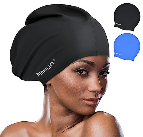 AMFUN Cuffia Piscina Capelli Lunghi, 2 Pezzi Cuffia Piscina per Adulti, 100% Silicone Cuffia Nuoto Extra Large, Cuffie da Nuoto Unisex Adulto, Cuffia Nuoto per Capelli Ricci, Afro, Dreadlocks
