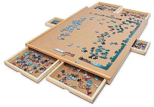 BURLOE Portable Puzzle Table, with 4 Drawers Puzzle Board Wooden Puzzle Table Puzzle Storage System for 500-1500 Pieces Puzzle Tray with Flat Work Surface,Brass