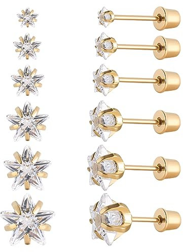 6 Paar chirurgische Edelstahl-Ohrstecker, Schraube zurück vergoldet Herz Stern Quadrat Prinzessin geschnitten Cubic Zirkonia Ohrstecker Set (Gold star Screw back)