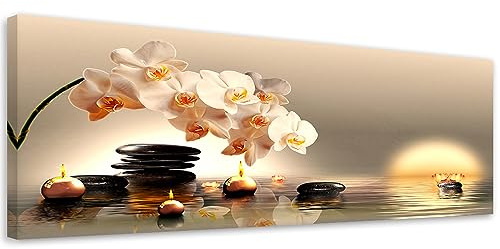 Feeby Bilder Steine Orchidee Kerzen 100x40 cm 1 tlg Schlafzimmer Modern Vlies Leinwandbilder Bild auf Leinwand Kunstdruck Wand Wanddeko Design Wohnzimmer Büro Flur Hotel Spa Zen Spa Wasser Rot