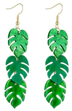 Green Palm Leaf Dangle Earrings for Women Girls Lightweight Resin Tropical Green Plant Charms Drop Fish Hook Stud Earring Fashion Cute Festival Ornament Jewelry Unique Gifts Nature Lover (Long)