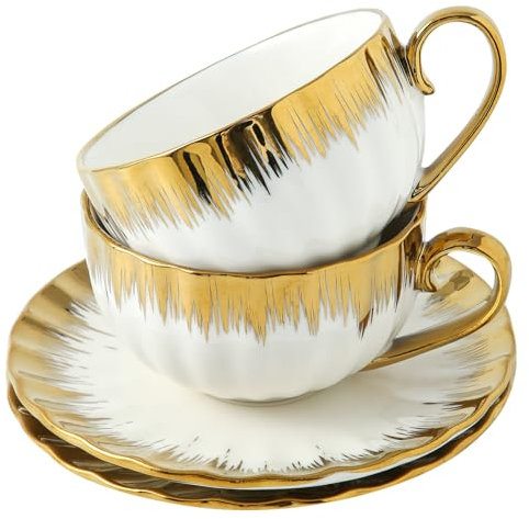 LETAOTAO Juego de 2 tazas de café espresso de 6 onzas, juego de taza de té y platillo de cerámica con borde dorado, tazas de café con platillos para latte, café moca y Au Lait, blanco, BD-200