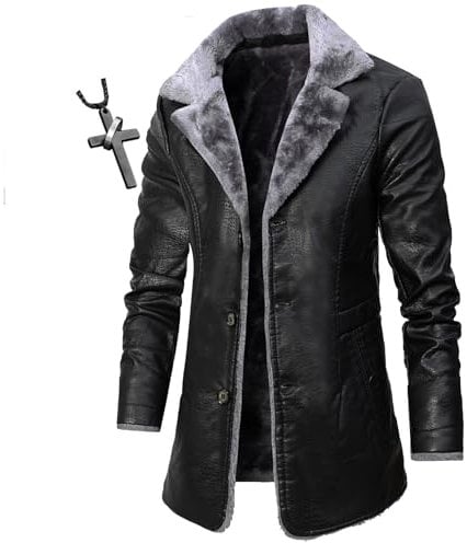 HECLOK Mens Genuine Leather Biker Jacket 3/4 Length Coat Wool Heating Warm Winter Long Leather Jacket Lined Duster Trench Coat+ Men's Necklaces (TYP-2,L)
