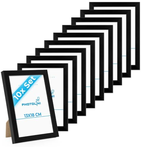 PHOTOLINI Bilderrahmen 13x18 Schwarz, 10er Set Bilderrahmen 13x18 Holz MDF, Fotorahmen 13 x 18 mit Acrylglas, Bilder Rahmen 13 x18 Aufhängen & Aufstellen, Picture Frame mit Zubehör für Fotos, Poster