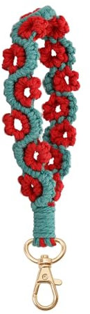 Handgefertigter Boho-Makramee-Schlüsselanhänger, weiche Blumen-Pom-Pom-Armband, Schlüsselanhänger, Handgelenk-Schlüsselband für Frauen, Grün (Blume), Small