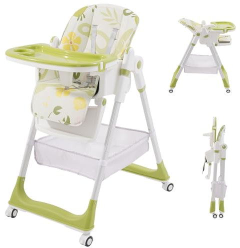 Foldable Highchair,Adjustable Highchair with 5 Height Settings,3 Recline Position of The Foot Pedal and Backrest and 4 Large Tray Position Settings,Baby Feeding Chairs from 6 Month to 3 Years