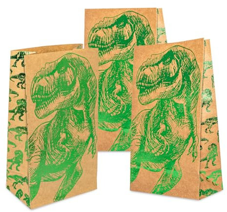 Dinosaurier Geschenktüten, 24er-Set Papiertüten mit Grün Folie Partytüten 21 x 12 x 7cm Candytüten Geschenktaschen Partytaschen