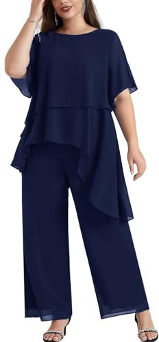 Hanna Nikole Women's Plus Size Chiffon Evening Suit Sets Vintage Elegant for Irregular Hem Pants Suit Two-Piece Women's Formal Wedding Dark Blue 22