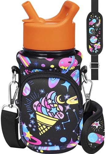Miss Adola Water Bottle Carrier - Cartoon Holder With Strap for Kids, Boys, Girls - Neoprene Insulated Bag for 10/12/14/16/18Oz Stainless Steel Glass Bottles Sleeve, Rainbow