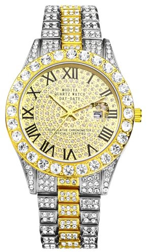 OIDEA Uhren Herren Armbanduhr mit Strass: Silbergold Herrenuhr Analog Quarz Uhr Kalender Glitzer mit Römische Zifferblatt Casual Metallarmband Geschenk für Männer Freund