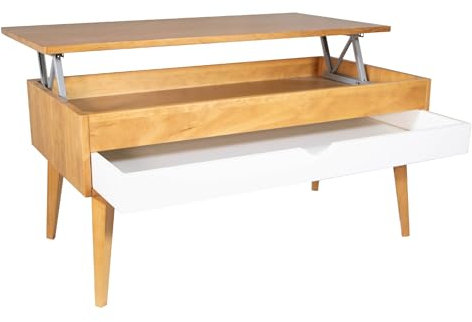 LoMasCasa - Mesa de Salon de Centro Colección Sonka 19 Elevable con Cajón Deslizante de Madera Natural Maciza Disponible en Color Madera de Cerezo y Blanco con Pata Conica - 100x50x48 cm