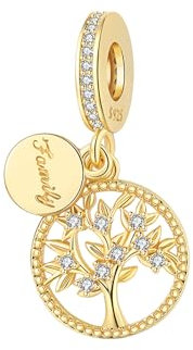 BIZK goldener Stammbaum Charms Anhänger Silber 925 für Armbänder, Kompatibel mit Europäischen Armbändern und Halskette für Frauen