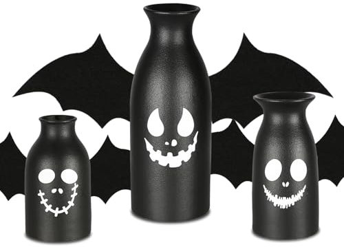 CEMABT Keramik Vasen Set 3-Halloween Home Dekorationen mit Schädel, Geist und Kürbis Design-Gothic und niedlich Vasen für Halloween Indoor-Schwarz matt Finish-Perfekt für Halloween Home Office Decor