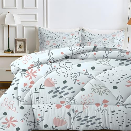 Couette Réversible Fleur Rose Motif 240x260 cm Édredon Imprimé Plantes Tropicales 4 Saisons Lit 2 Pers. 2 Taies 65x65