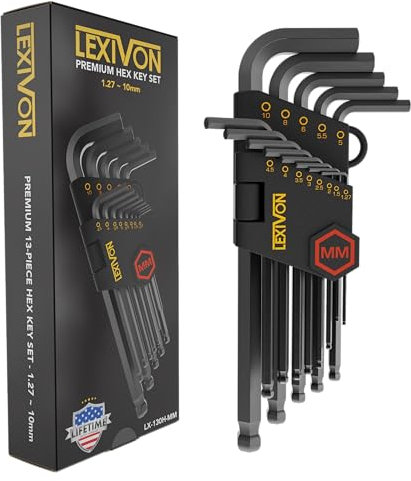 LEXIVON Juego de llaves Allen, 13 llaves hexagonales métricas, diseño de extremo de bola de brazo largo en forma de L, acero de aleación S2 de grado industrial (LX-130H-MM)