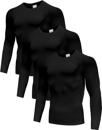 Holure 3 Pack Compression Shirts for Men Long Sleeve Mens Running Top Quick Dry Base Layer Tops for Gym Sports Fitness Workout Black/Black/Black-L
