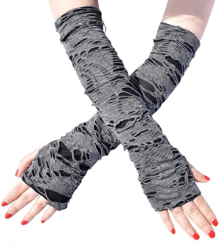 Aucute Unisex Gothic Fingerlose Handschuhe, Punk Torn Arm Warmers Broken Slit Ripped Glove für Halloween Cosplay Zubehör Lang Schwarz