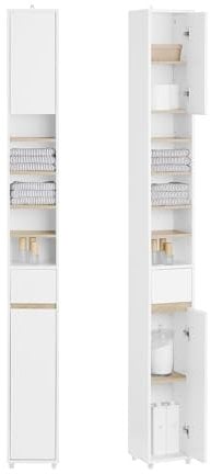SoBuy Badzimmerschrank Schmal – Badezimmer Hochschrank aus Holz mit verstellbaren Einlegeböden - Wasserabweisender Badschrank - platzsparendes Badmöbel, Weißnatur, 20x180x20cm, BZR34-WN