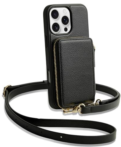 CUSTYPE für iPhone 16 Pro Max Hülle mit Band Hülle aus Mikrofaserleder mit Geldbörse und Kartenfach, Handykette Hülle für iPhone 16 Pro Max Schwarz 6,9”