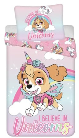 Jerry Fabrics Paw Patrol Kinderbettwäsche I Believe in Unicorns - Skye Einhorn Regenbogen Wolke Bettdecke 140 x 200 + Kopfkissen 70 x 90 cm 100% Baumwolle