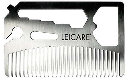 Leicare Edelstahl Bartkamm - 27 Zähne Kamm mit Multifunktions Design (Metallkamm) - praktisches EC-Karten Format (8,5x5,5cm - 29g) - passt perfekt in die Hosentasche oder den Geldbeutel