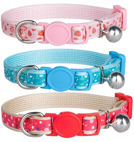YUDOTE Strong Nylon Cat Collar with Colorful Printed Patterns, Lightweight Kitten Collars with Quick Release Clip and Bell,Adjustable 15-24cm,Pink,Blue and Red Pack of 3