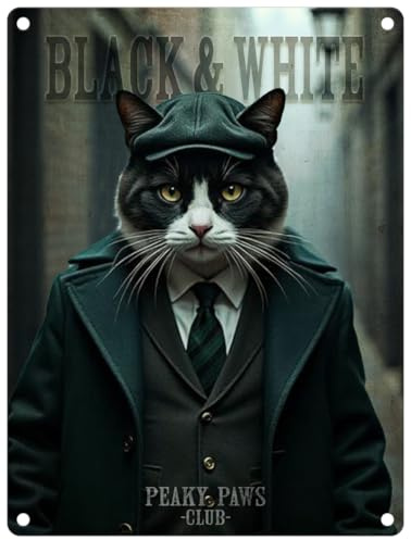 Small (150 x 200mm) Metal Sign - Peaky Paws Club - Black and White Cat