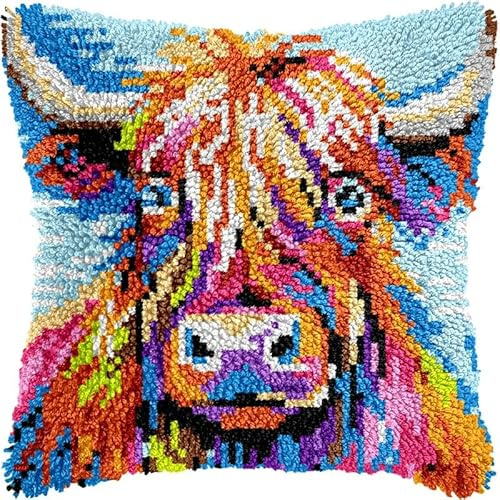 Highland Cow Latch Hook Kits Pillow for Adults Throw Pillow Pre-Printed Patterns Pillowcase Needlework Crochet Yarns Latch Hooking Cushion for Sofa Decor 17x17inch(y115)