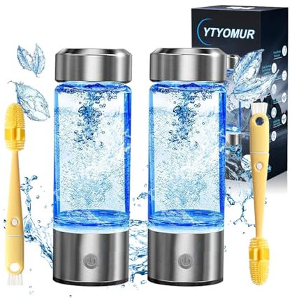 YTYOMUR Wasserstoff Wasserflasche, Hydrogen Water Bottle 450ml Wasserstoff Wasser Generator, Wiederaufladbar Glas-Wasserstoff-Wassermaschine, 3Min Elektrolyse für Büro, Leben (2 Stück mit 2 Bürsten)