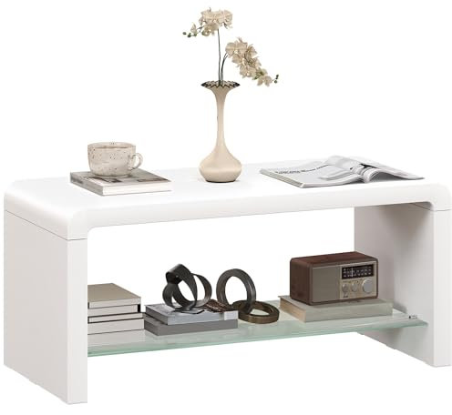 HOMCOM High Gloss Coffee Table with Storage, Two-Tier Living Room Table with Glass Shelf, Modern Centre Table for Home Office, 100 x 45 x 45cm, High Gloss White