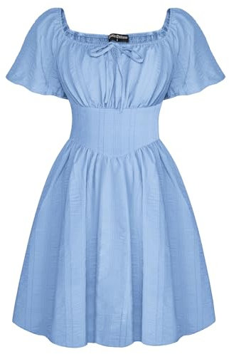 SCARLET DARKNESS Women's Medieval Dress Puff Sleeve Mini Bubble Dresses Square Neck Lace-up Front Pirate Costume Light Blue M
