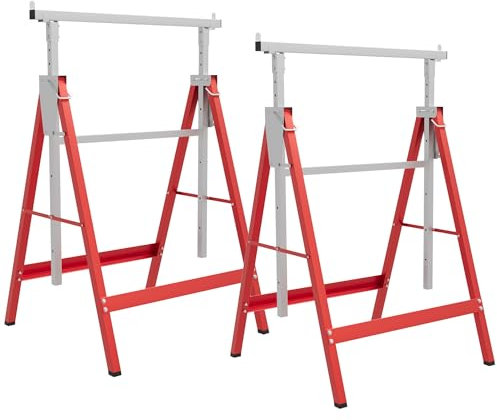 HOMCOM Set of 2 Adjustable Telescopic Builders Trestle, DIY Steel Work Bench Carpenter, Folding Saw Horse Tools Red