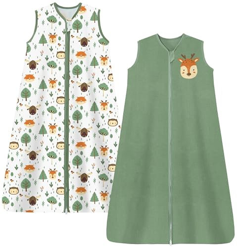 Chilsuessy 2er Pack Sommerschlafsack Baby Schlafsack Kleine Kinder Schlafanzug ohne Ärmel für Sommer und Frühling 100% Baumwolle, Grün + Wald, 130/Baby Höhe 130-150cm