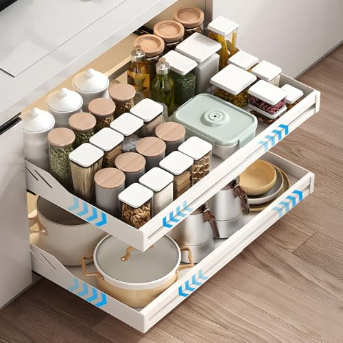 ZQEJEFD Tiroir télescopique de cuisine (33-55 cm l x 43 cm P x 5,5 cm H) - Organiseur de placard extensible sous l'évier - Collage sans perçage - Blanc