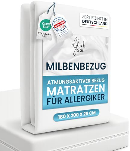 Glückstoff® Premium Milbenbezug Matratze 180x200x28 [ZERTIFIZIERT IN DEUTSCHLAND] Allergiker Bettwäsche Set Anti Milbe - Allergiker Matratzenbezug - Encasing Bettwäsche Anti Milben - Milbenschutzbezug