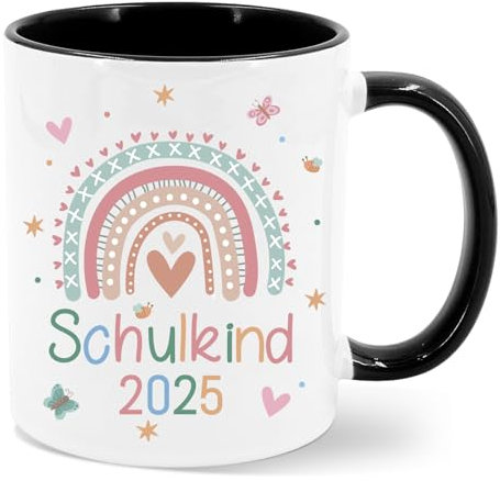 Tasse Geschenk zur Einschulung für Junge Mädchen - Tasse Schulkind 2025 - Regenbogen Herzen Keramik-Tasse, 350ml, Geschenk für Erstklässler, Schüler 1. Klasse, Schwarz