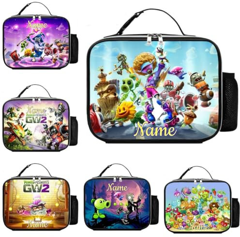 Cartoon Plants War Zombies Personalised Name Boys Girls School Leather Insulated Lunch Bag Children Hand Bag Kid's Outside Camping Travel Lunch Box
