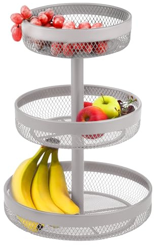 eluno 3-stöckige runde Obstetagere/Brotkorb, Etagere, Obstschale, Obstkorb aus Metall, viel Platz für die übersichtliche Lagerung von Obst, Gemüse, Brot und Snacks in Küche und Wohnzimmer (Taupe)