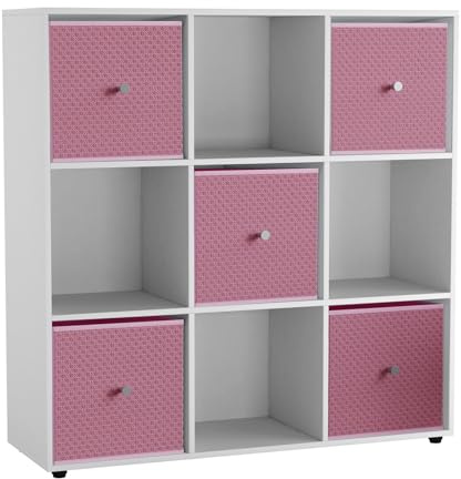 URBNLIVING 9 Cube Storage Unit with 5 Foldable Fabric Drawers, Wooden Freestanding Bookcase Shelf Organiser, Modern Cube Shelving for Bedroom, Office, Living Room, Toys, Clothes & Books