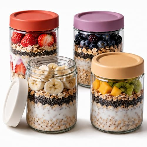 Thyme Space Overnight Oats Gläser, 4 Stück 500 ml Meal Prep Gläser mit Deckel für Yogurt Salat