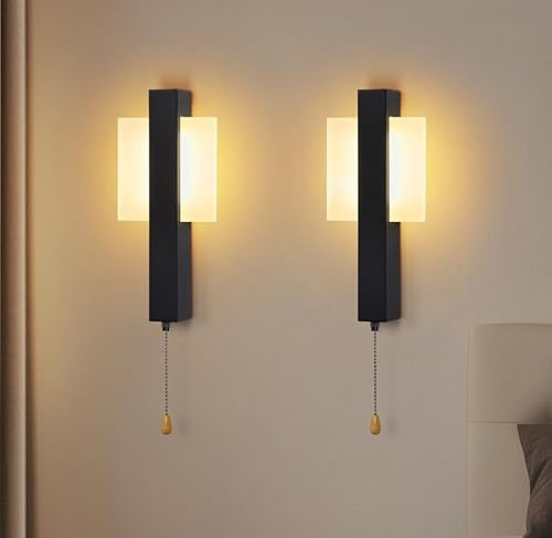 ZMH 2ER LED Wandleuchte Innen Wandlampen Mit Zugschalter Schwarz Flurlempe | Wandlampe mit Schalter Modern Design 3000K Warmweiß Quadratisch Wandbeleuchtung für Flur Schlafzimmer Bett Hotel