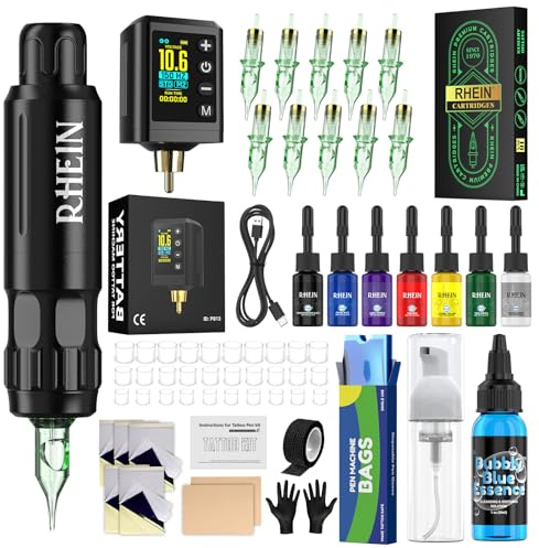 RHEIN Tattoo Maschine Set mit 1600mAh Mini Akku 4 Memory-Modi STD/NPS | 10 Tattoo Nadeln 7 Tattoo Farbe Komplettes Tattoo Zubehör Set