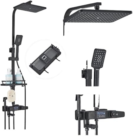 Rubinetto termostatico for doccia con display digitale nero, miscelatore termostatico for doccia a pioggia a 4 vie, mensola e bidet(Black Hot Cold Mixer)