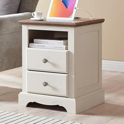 AetherWood Nachttisch mit 2 Schubladen, offenes Fach, Metallgriff, Beistelltisch mit Ladefunktion, 2 AC-Steckdosen & 2 USB-A-Anschlüsse, für Schlafzimmer, Wohnzimmer, 45.7 x 45.7 x 61 cm, Weiß